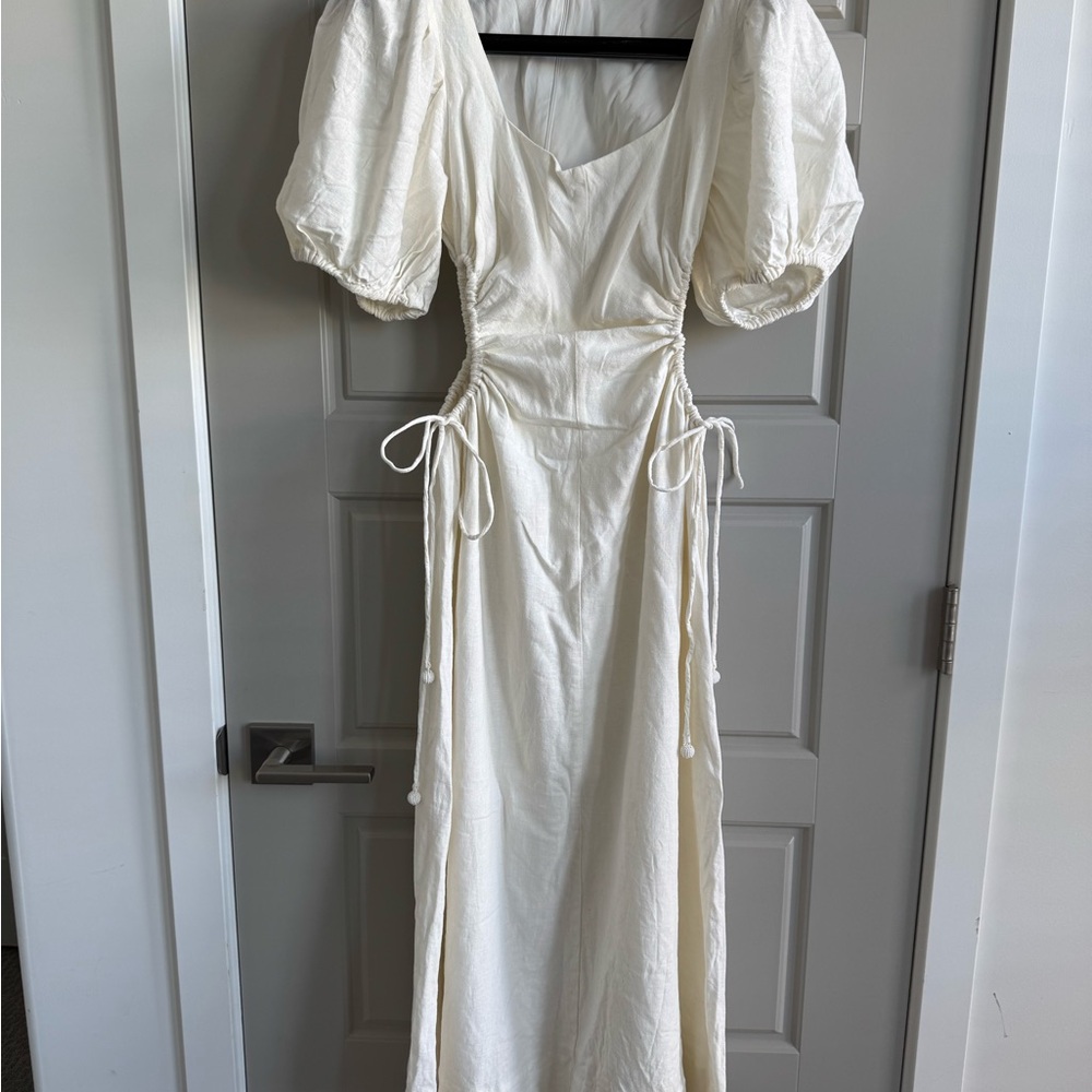 FARM Rio Off-White Cut-Out Midi Dress Puff Sleeve Beaded Tassels Size Medium